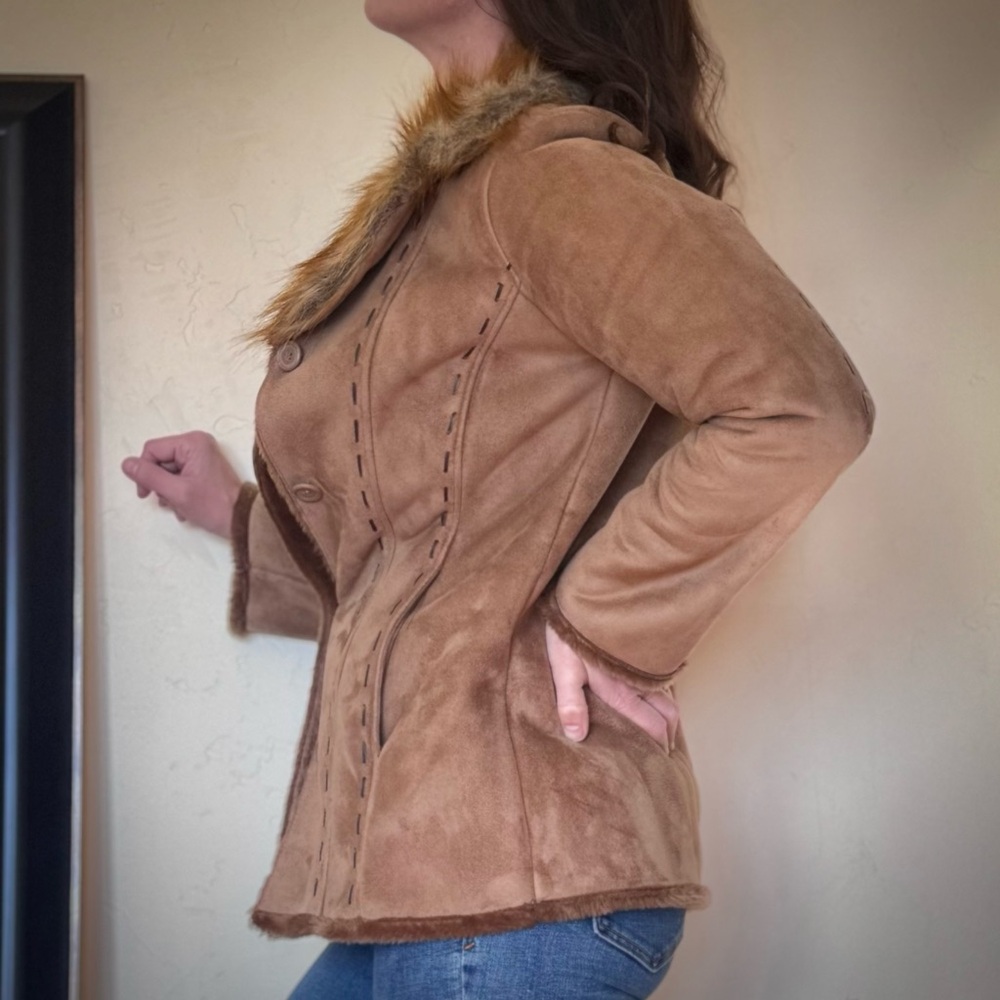 Anisette Women's Tan Suede with Faux Fur Collar & Faux Fur Lined Coat - Picture 2 of 6